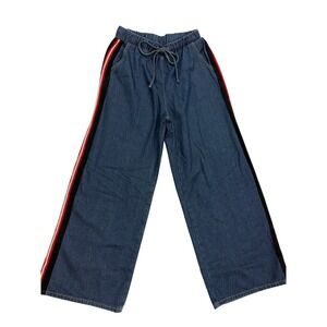 Wide Leg Womens Size 30 Denim Pants With Side Stripe Elastic Waist Drawstring